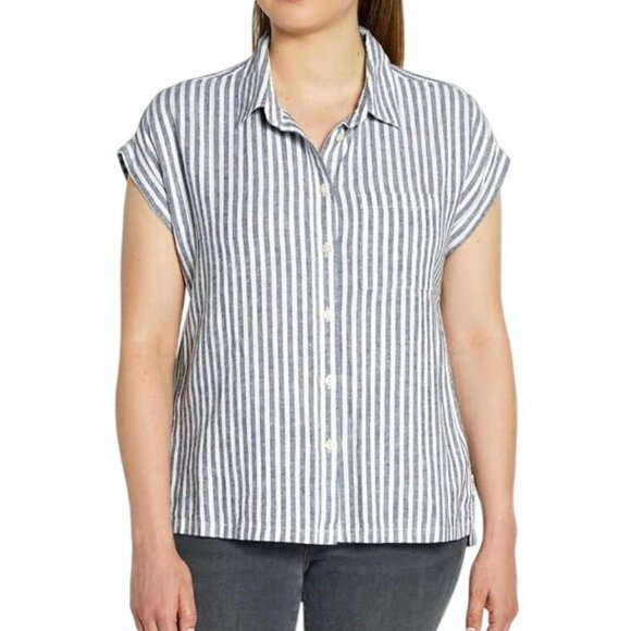 Orvis Tops - Orvis Women's Button-Up Short Sleeves Linen Blend Shirt, Blue Strip XXL